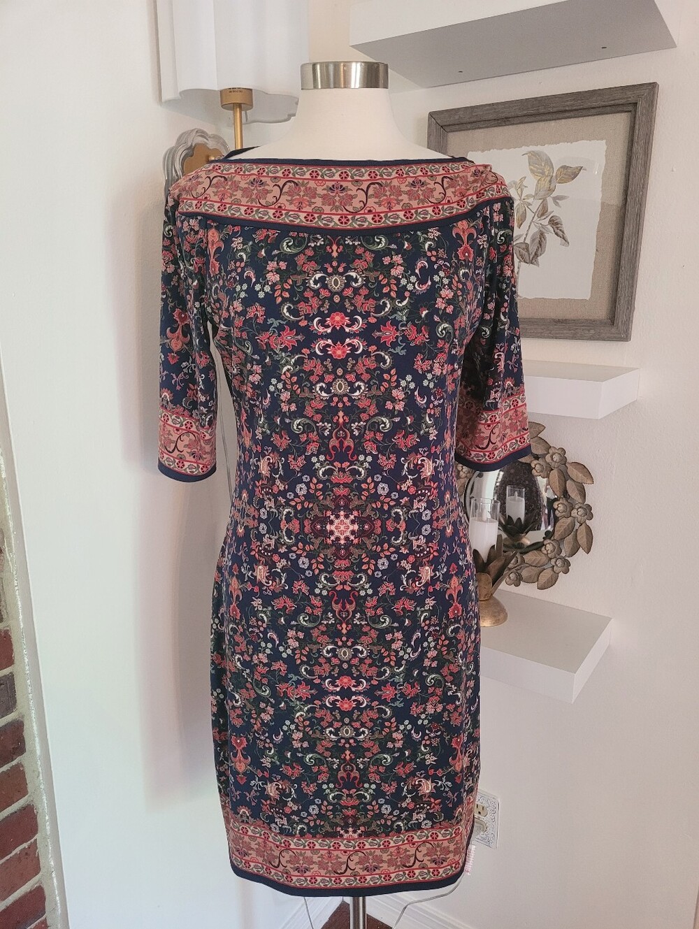 Max Studio Navy Floral Border-Print Sheath Dress Large